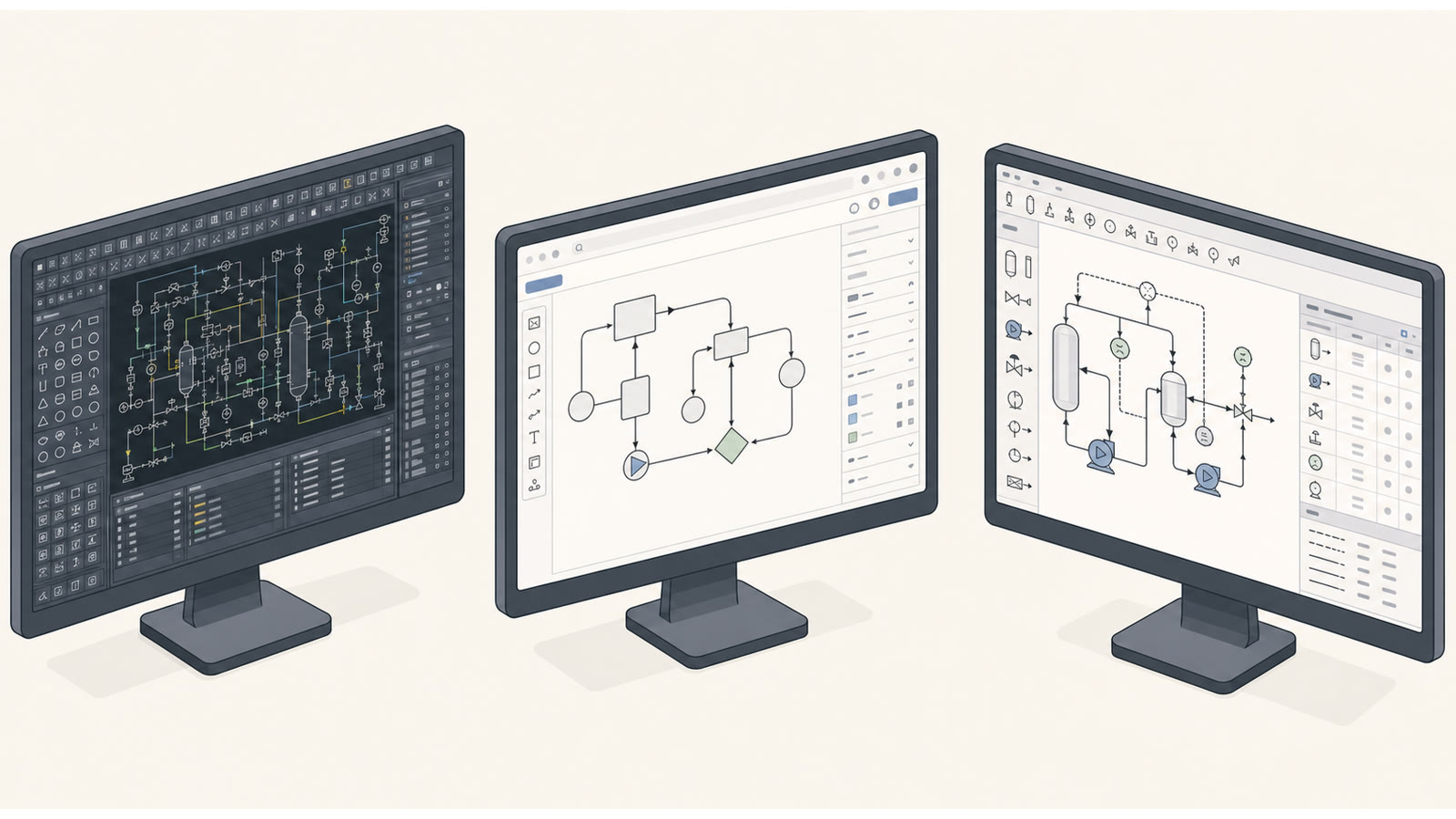 Vergleichsillustration: drei unterschiedliche P&ID-Software-Ansätze nebeneinander